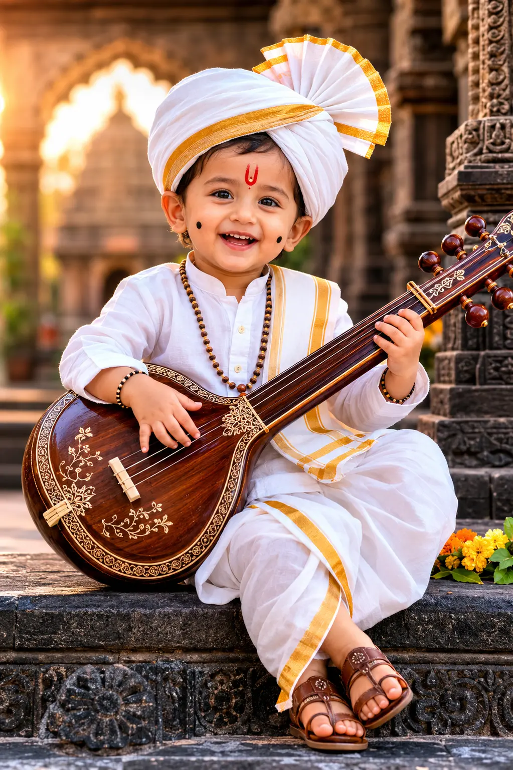 The child is smiling joyfully